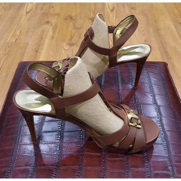 Designer Marc Fisher Varika Varika2 Platform Strappy Heel Sandals Brown/Gold 9.5 - Picture 4 of 7